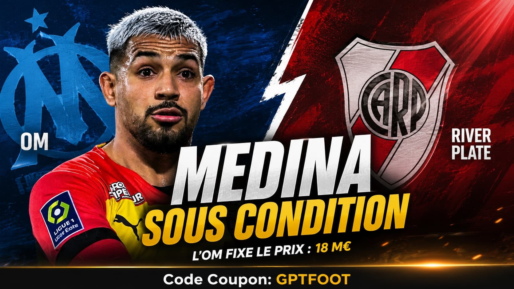 Le défenseur de l'Olympique de Marseille Facundo Medina sur un terrain de football.