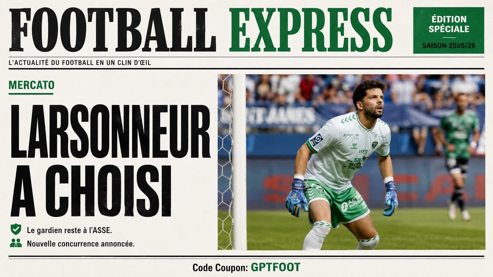 Le gardien Gautier Larsonneur sur le terrain lors d'un entraînement de l'AS Saint-Etienne