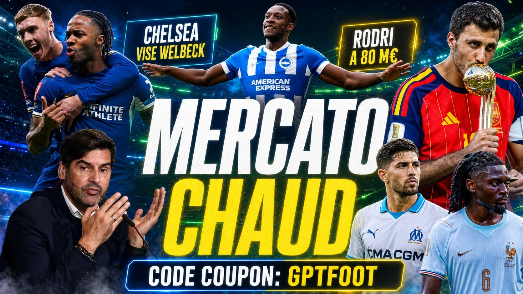 Logo générique du mercato sur fond de terrain de football