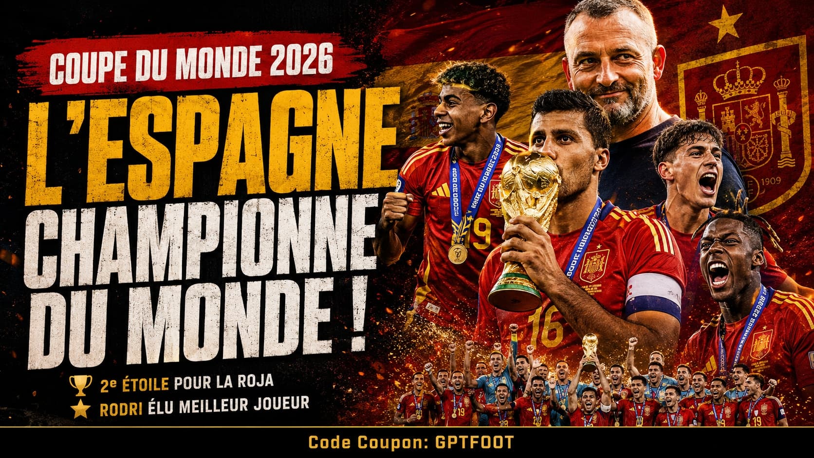 La sélection espagnole célébrant son titre de championne du monde 2026 sur le podium.