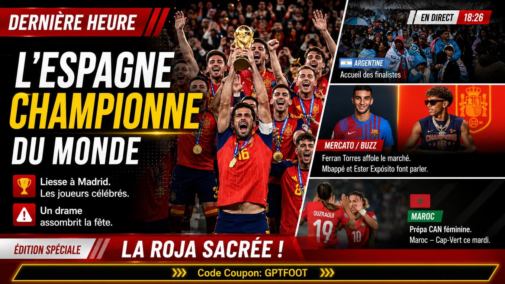 La sélection espagnole célébrant son titre de championne du monde avec ses supporters.