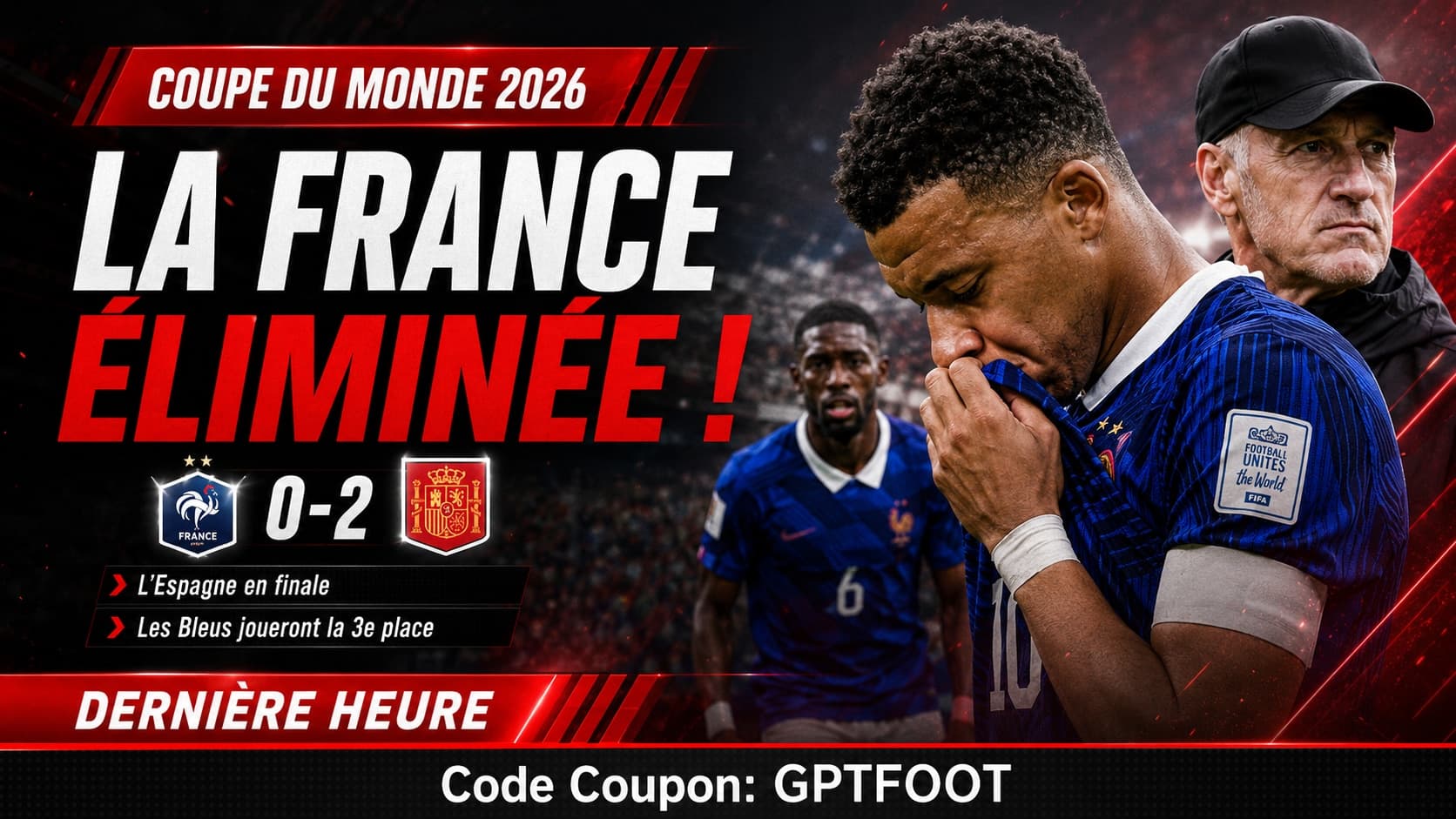 L'aventure des Bleus s'arrête en demi-finale de la Coupe du monde 2026. Battue 0-2 par...