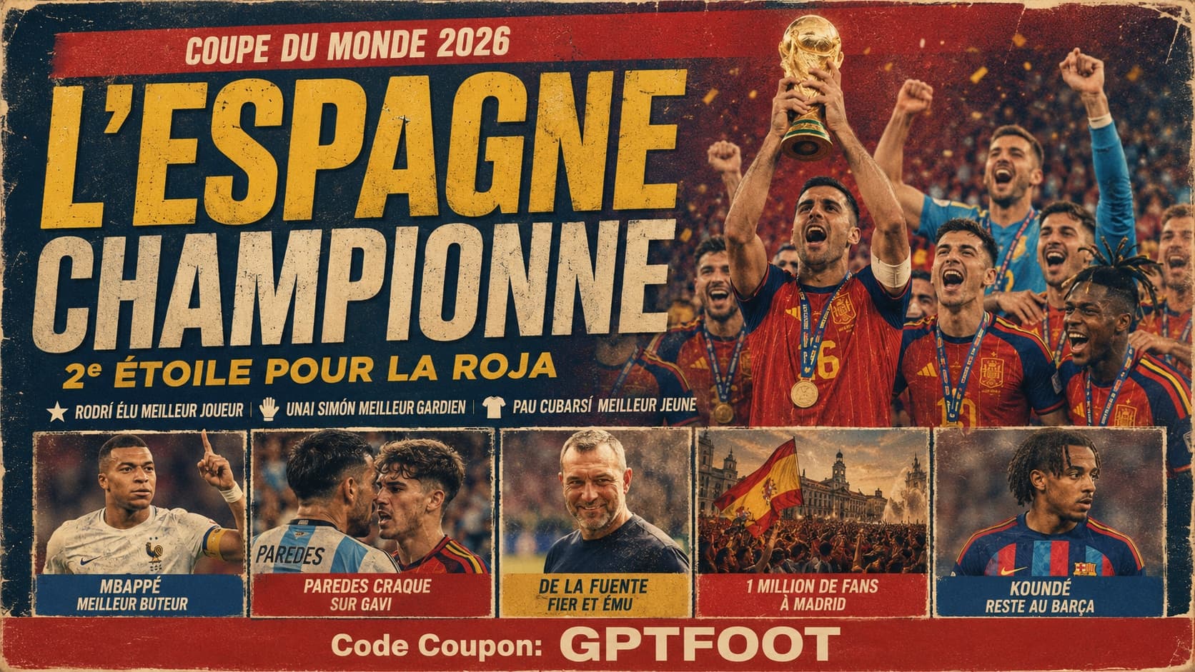 La sélection espagnole de football célébrant sa victoire en finale de la Coupe du Monde 2026.